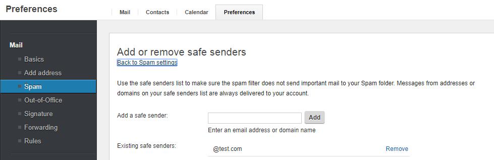 Input the email address or domain name of the safe sender, then click