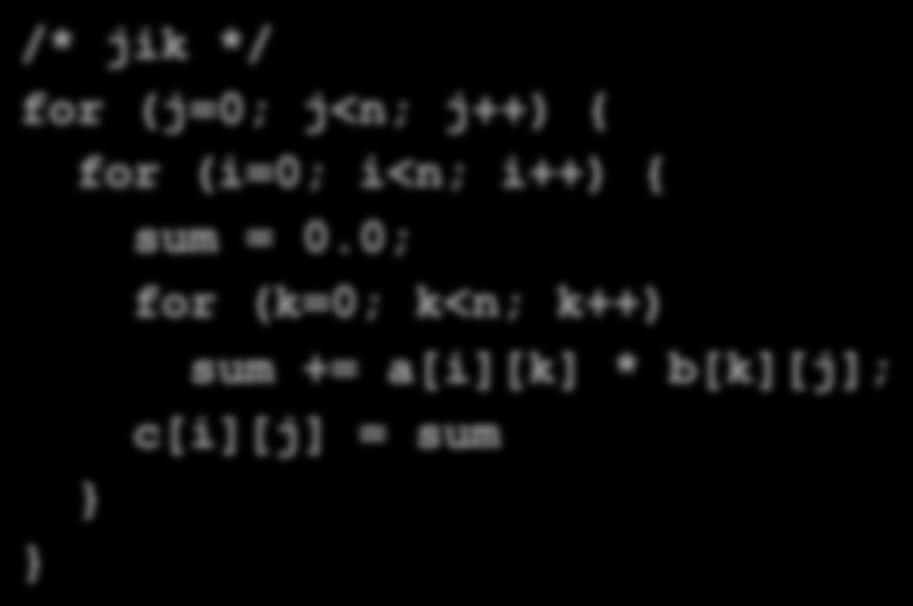 Matrix Mul7plica7on (jik) /* jik */ for (j=0; j<n; j++) { for (i=0; i<n; i++) { sum = 0.