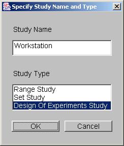 Figure 4.3: DOE study creation dialog the New button. A dialog asking for the study name and type is presented. Figure 4.