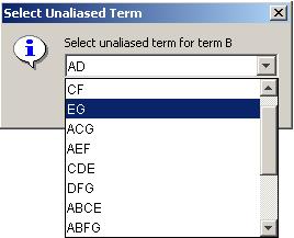 Figure 4.9: Edit aliases dialog invalid conclusions. Fortunately, there is a way to alter the alias arrangement in the effects table so that the correct effect can be added to the regression model.