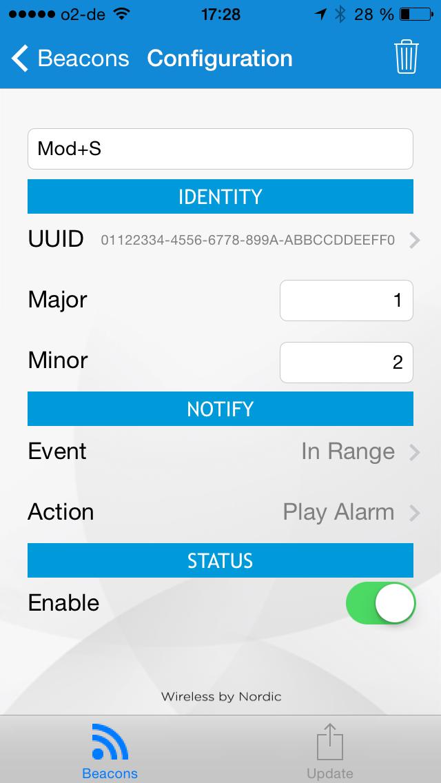4. VERIFYING THE BEACON FUNCTIONALITY WITH THE NORDIC nrf BEACONS ios APP You can download the nrf Beacons App for ios from the itunes App store.