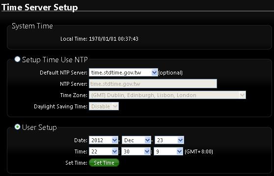 6.2 Configure System Time System time can be configured via this page, and manual setting or via a NTP server is supported. Please click on System -> Time Server and follow the below setting.