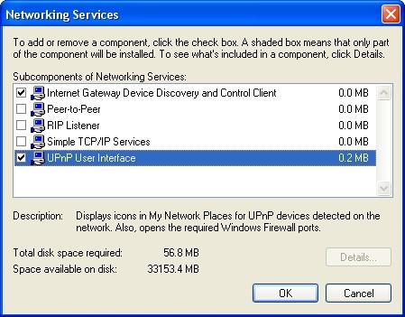 In the Networking Services window, ensure that the Internet Gateway Device and UPnP User Interface options are checked.