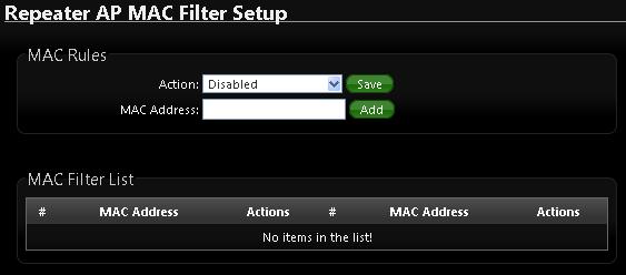 5.12 Repeater AP MAC Filter Setup Continue Virtual AP Setup section. For each Virtual AP setting, the administrator can allow or reject clients to access each Virtual AP.