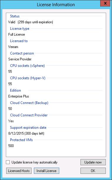 Installing Licenses When you install Veeam Backup & Replication, you need to specify a path to the Cloud Connect Provider license file (LIC) that you have obtained from Veeam Software AG.