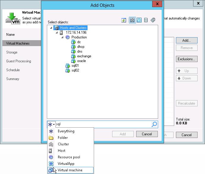 3. At the Virtual Machines step of the wizard, click Add and select VMs and VM containers that you want to back up.