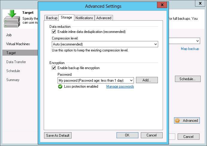 8. To encrypt the resulting backup file on the cloud repository, click Advanced. On the Storage tab, select the Enable backup file encryption check box.
