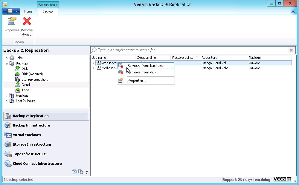 Removing from Backups You can use the Remove from Backups operation if you want to remove records about backups from the Veeam Backup & Replication console and database.