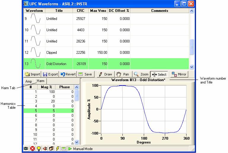 The default harmonic content is a pure sine wave. You can click in the table cells to enter values for Mag % and Phase. Right-clicking the Harm table will display the Harmonics Context Menu.