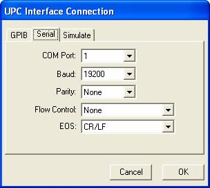 16.0 UPC Settings Interface Connection You access the UPC Interface Connection window from either the Write UPC Settings or Read UPC Settings windows.