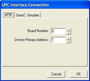 The Board Number is assigned by you system to the GPIB card installed in your PC. The Device Primary Address is the GPIB address of your UPC.