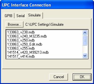 The list shows the available simulation files located in the folder bath shown next to Browse... Simulation files are actually settings files that are created when using Read Settings From UPC.