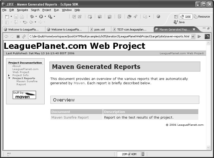 196 CHAPTER 6 Organizing Your Development Project The project reports are generated using the Maven site goal.