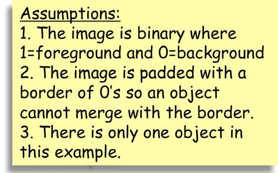 Boundary Tracking Assumptions: 1. The image is binary where 1=foreground and 0=background 2. The image is padded with a border of 0 s so an object cannot merge with the border. 3.