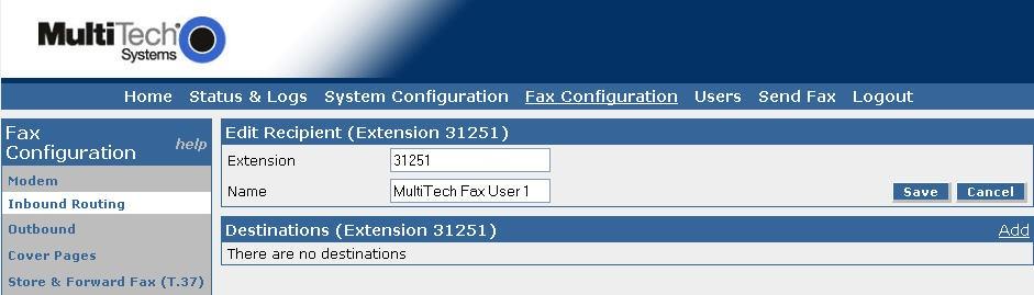 For Extension, enter a virtual fax user extension from Section 4.3.