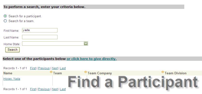 TeamRaiser Configuration Finding a Participant Search by participant or team Select participant 22 Donors may search for a participant or team by using the provided search fields.