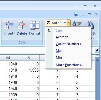 Several of the most common summary statistics can be found on the drop down menu under AutoSum.