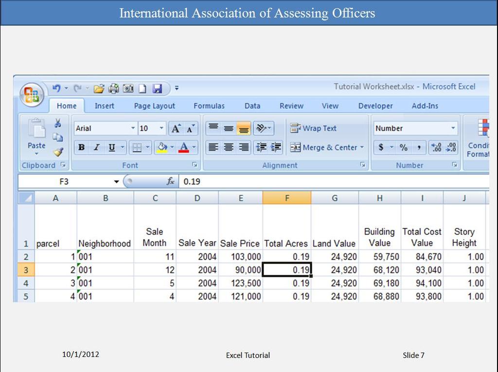 You can enter two basic kinds of data into worksheet cells: numbers and text. In the Mass Appraisal courses, you will be using real estate data supplied to you.