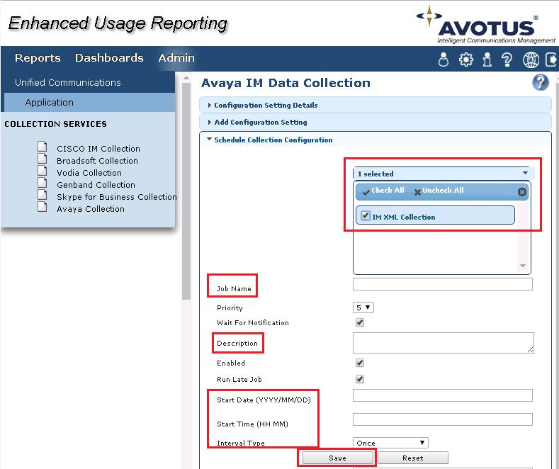 7.4. Start Collection From the left navigation menu, click on Avaya Collection and from the right hand window of Avaya IM Data Collection click on Schedule Collection Configuration and configure the