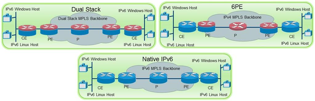 IPv6 and the P router supporting IPv4. For Native IPv6 the MPLS cloud and all the routers and switches were configured to be IPv6-enabled only.