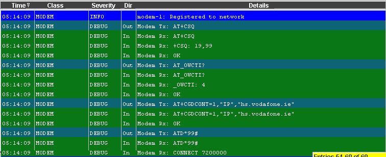 The modem call events display in the trace analyzer window.