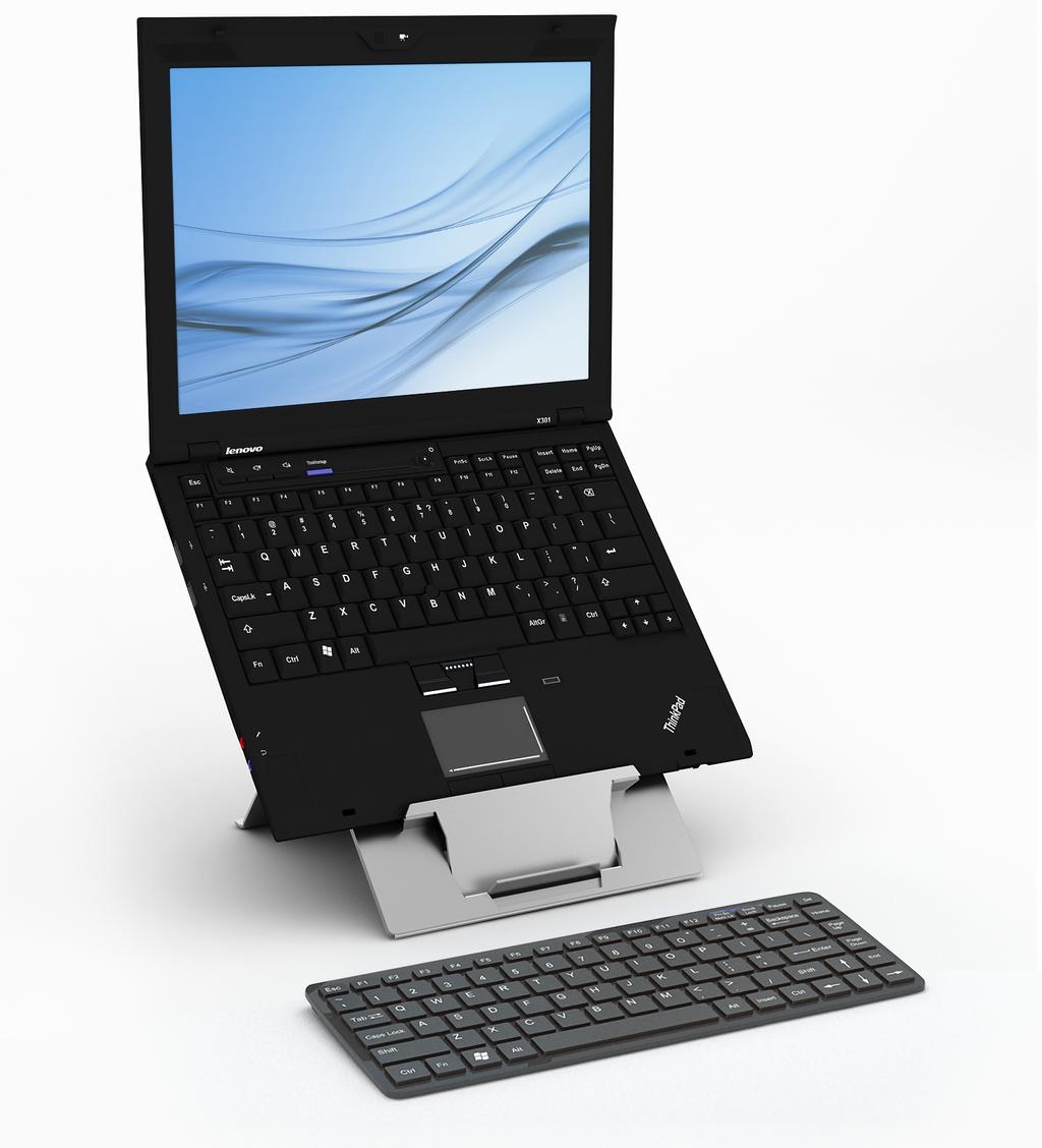 an ultra-light, folding laptop stand with integral document holder for ergonomic working on the move.