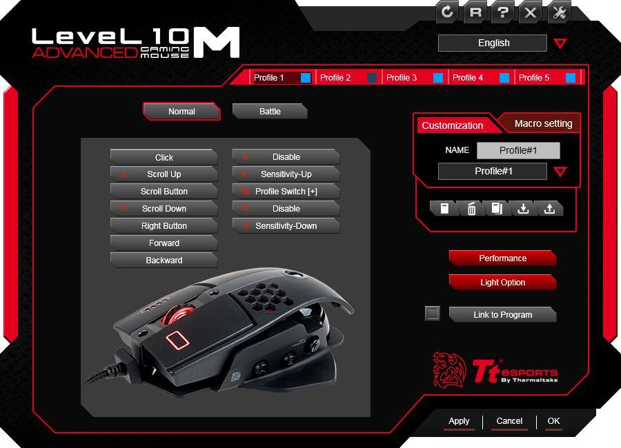 Main Main Interface Reset / Website / Close Reset : Reset this profile to system default. Website : Register with Tt esports. Close : Close GUI software. Setting : Check out device version.