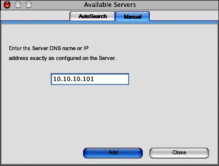 2 If no Fiery EXP6000/EXP5000 servers were found, click the Manual tab to search by DNS name or IP address. Click Add to add the server to the Available Servers list.