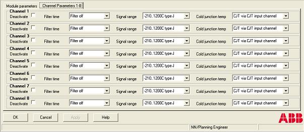 Section 3 Run-time Operation AI843 Channel parameters tab The Channel parameters tab shows the user parameters of the module. It shows Filter time, Signal range and Cold junction temperature.