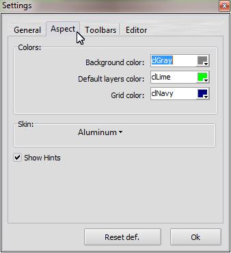 Background Color Set the background color of the graphics area. Default layers color Sets the default color assigned tonot defined layers.