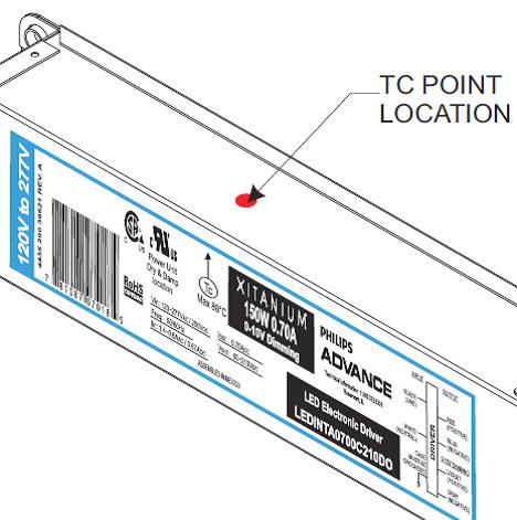 * Thermal Fold Back (TFB) of driver The driver will reduce the current to the LED module if the driver itself is overheating.