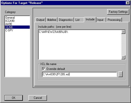 AVR030 Figure 6. Selecting the XCL File The main purpose of the Linker Command File is to define the code and data segments, which is done in the -Z command.