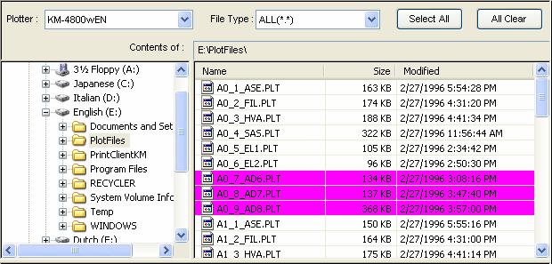Adding / Removing Files to be output If you select some file by left clicking, that file is registered to the output job and its filename is colored with violet.