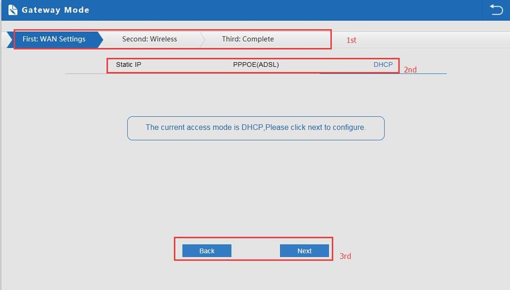 4.2.1 Gateway Mode: Before Click Gateway mode, confirm your internet will be static IP, PPPoE, or DHCP: Then will pop up following picture after click it, Please choose the right WAN setting