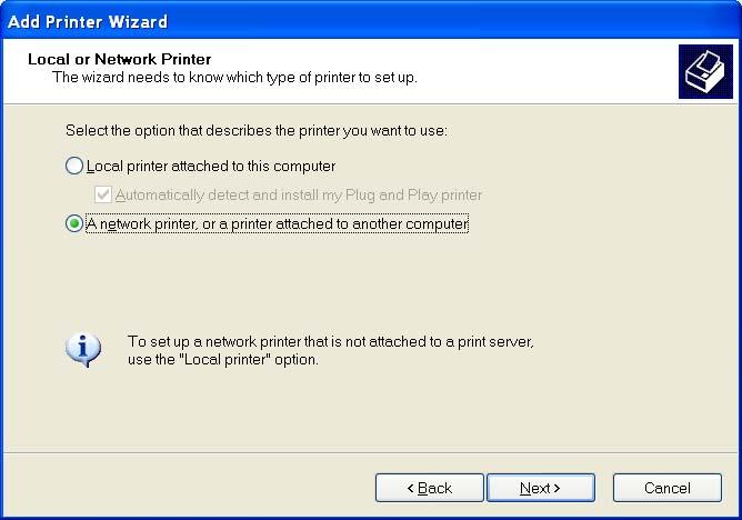 10.2.2 Client Side You will need to perform Window s standard Add New Printer procedure. To do this, select the Network Printer setting as shown in the screen below and click Next.