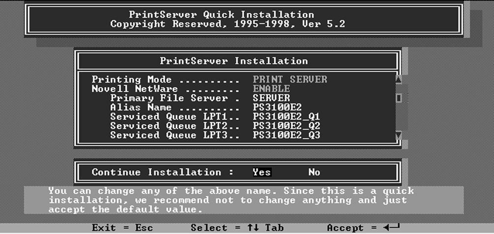 2. Insert the CD-ROM included with the print server, and change to the appropriate drive and directory. Ex. e:\dosutil\ 3. Run the INSTALL program. 4.