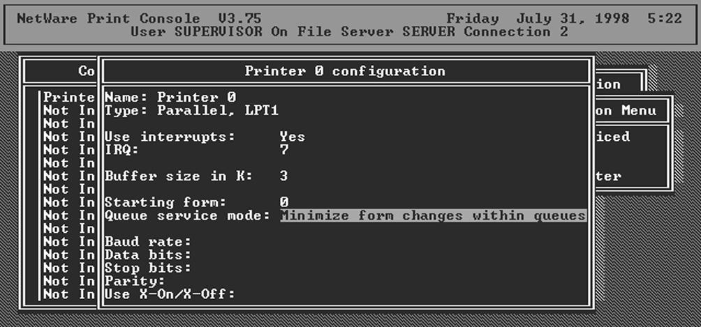 8. Press the Insert key to add a new NetWare print server. 9. Press Enter to select the newly created print server. 10. Select Print Server Configuration. 11. Select Printer Configuration. 12.