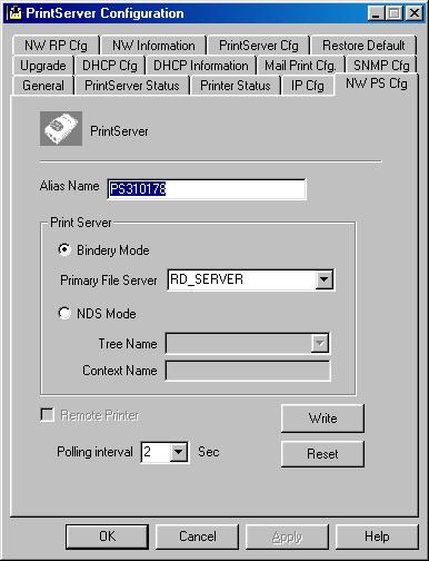 7.6 NW PS Cfg - NetWare Print Server Configuration The NW PS Cfg page allows you to set: The Alias name, a nickname by which the print server can be called (in addition to the PSxxxxxx name printed