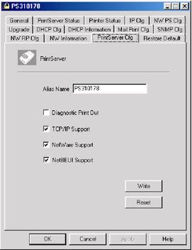 7.9 Print Server Cfg Print Server Network Ability Setting The Print Server Cfg page allows you to set: The Diagnostic Printout, which determines whether or not a diagnostic printout should be printed