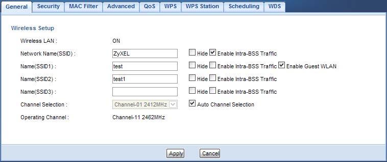 Chapter 10 Wireless LAN 10.4 General Wireless LAN Screen Use this screen to enter the SSID, select the channel and enable intra-bss traffic.