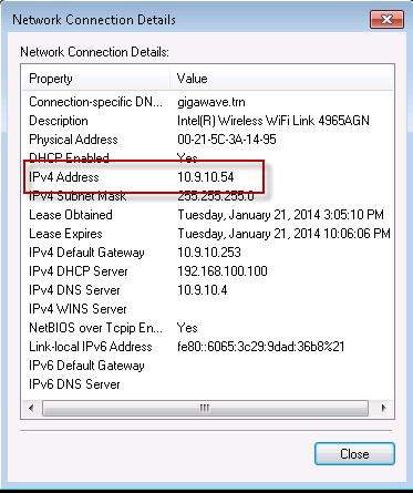 Example of pod 32. 4 5 6 7 8 Copy the IP address of your client. Click the Close button to close the Network Connections Details page.