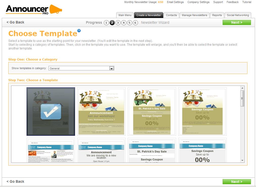 2.2. Choose Template Templates allow you to select the overall layout and theme of your newsletter: To select a newsletter template: Use the drop-down menu to select a category of Templates that best