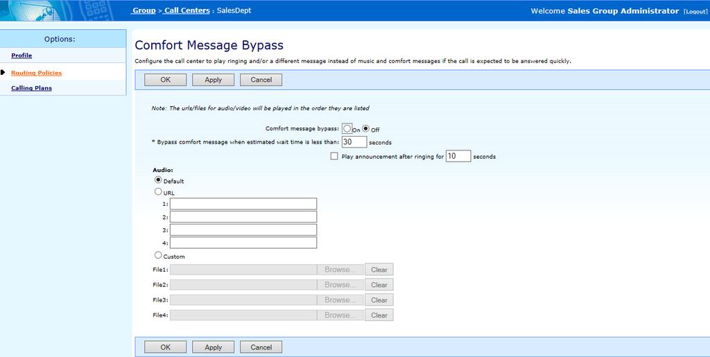 5. Select the On radio button to turn Comfort Message Bypass message on 6. Enter Bypass comfort message when estimated wait time is less than xx seconds 7.