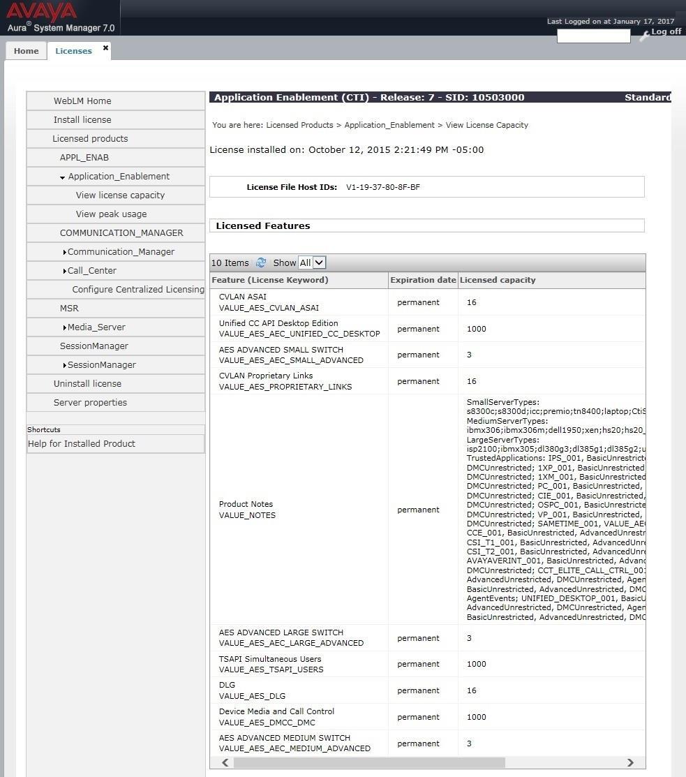 Select Licensed products APPL_ENAB Application_Enablement in the left pane, to display the Application Enablement (CTI)