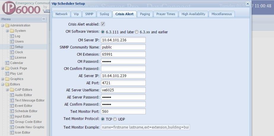 7.2. Administer System Setup Select Administration System Setup from the left pane to display the Vip Scheduler Setup screen in the right pane. Select the Crisis Alert tab.