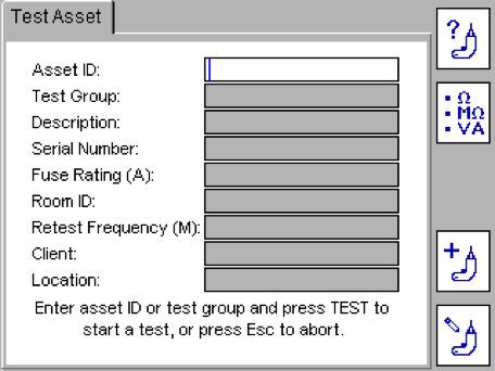 There are three options to start the test sequence: OPTION 1 Select a test group from the HOTKEY options OPTION 2 Press the TEST button This takes you to the TEST ASSET screen.