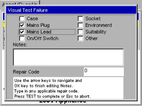 This allows the user to log mechanical faults on the asset under test, such as a broken plug or damaged appliance cord, the Esc key should be used to exit the test sequence during the and initiate a