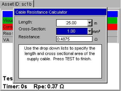 On a failed test, entering the length of the lead and the conductor cross section, the pass limit is adjusted to the correct resistance. The result is then passed or failed, as necessary.