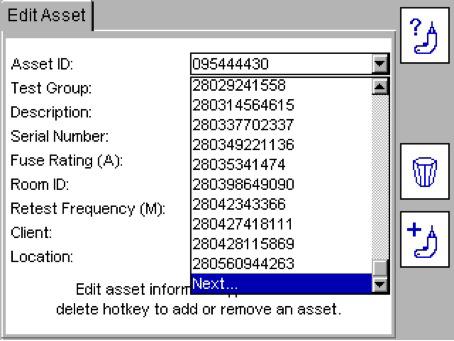 Enter an Asset ID to be edited. Alternatively, to list the assets in the database, press the FIND ASSET This will produce a drop down box, Hotkey.