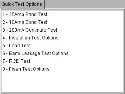 9. Quick test - QT The Quick Test (QT) key provides instant access to continuity, bond, insulation, leakage, RCD, load (Operational) and flash testing, without having to create a test group.